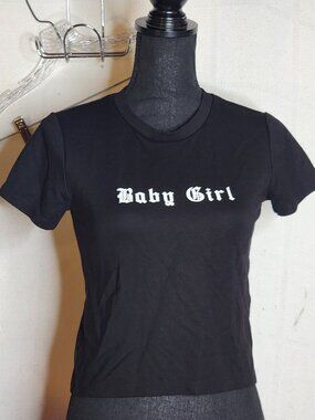 Forever 21 Black with White Baby Girl Graphic Print Viscose Poly Span Crop Top M